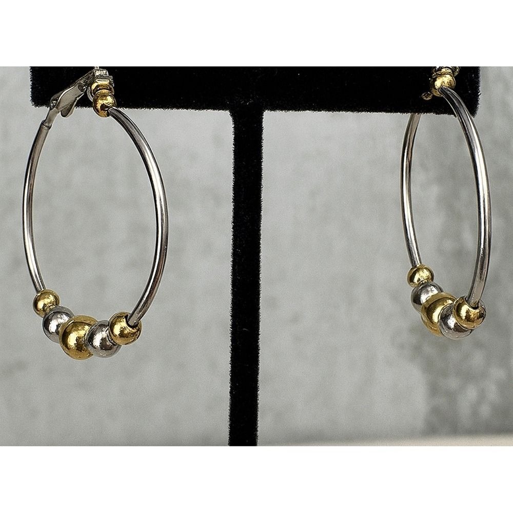 Y2K Vintage Women's Silver & Gold Toned Dainty Beaded Hoop Twist On Earrings 90s